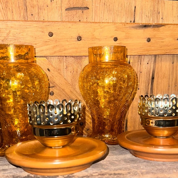 Vintage Kanawha Amber Crackle Glass Hurricane Globes on Wood Base Set of 2 - Picture 8 of 13